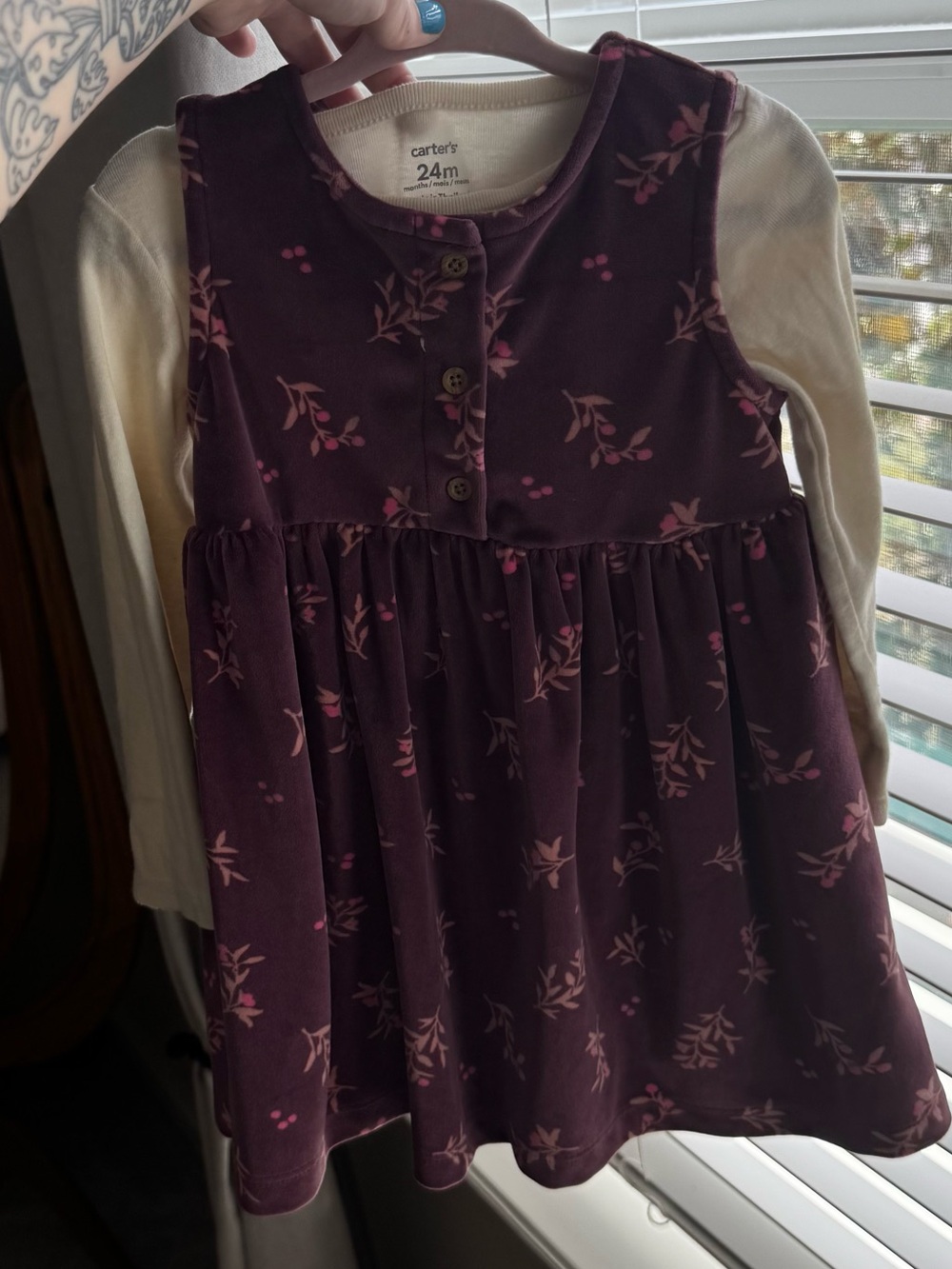 Carter's Plum Floral Dress with Cream Long Sleeve Top
